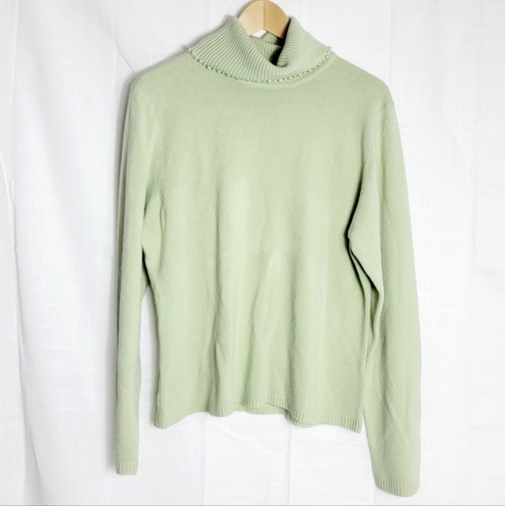 Debbie Morgan Turtleneck Light Green Pearl Trim Neck Soft Women's Sweater XL